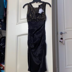 silky gold and black le chateau dress